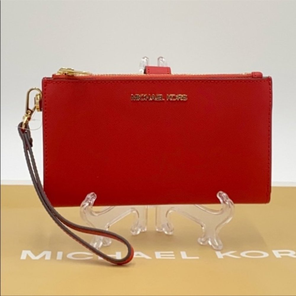 Michael Kors Jet Set Travel Large Double Zip Wallet Wristlet Leather Flame